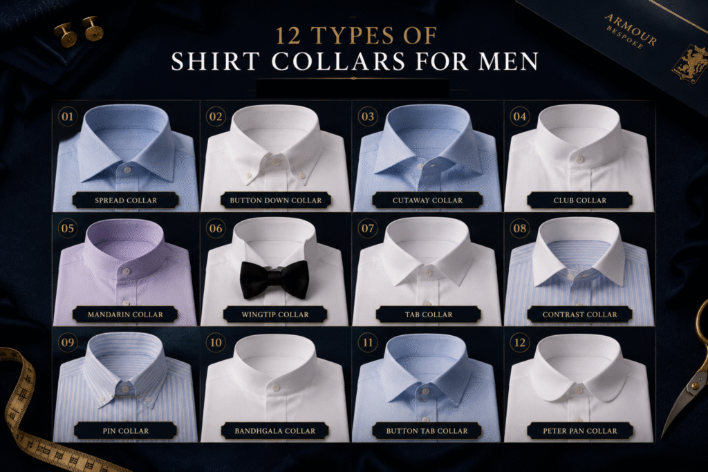 12 types of shirt collars for men — spread, point, cutaway, mandarin, wing, Nehru Bandhgala collar illustrated guide India
