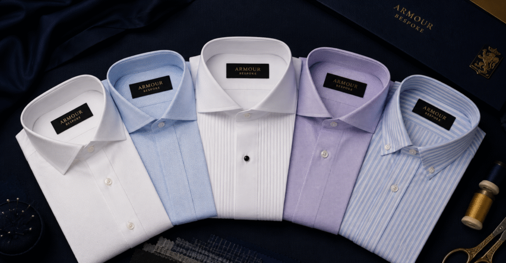Types of shirt collars for men — spread, point, cutaway, mandarin and Nehru collar flat lay bespoke shirts India