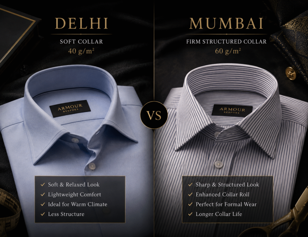 Shirt collar interlining weight comparison — 40 g/m² for Delhi dry heat vs 60 g/m² for Mumbai humidity bespoke shirts India