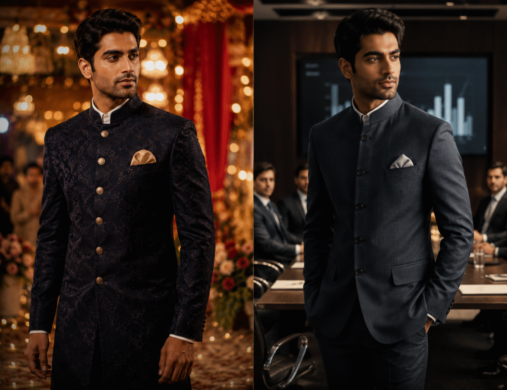 Indian man in Nehru collar Bandhgala suit — best shirt collar styles for Indian men formal occasions wedding boardroom