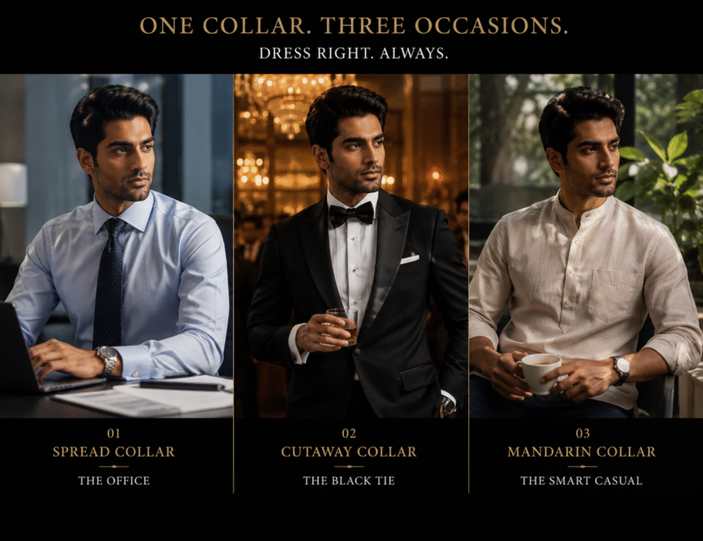 Best shirt collar by occasion — spread collar for office, cutaway for black tie, mandarin collar for smart casual Indian men